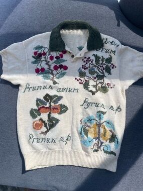 Vintage Botanical Knit Polo Sweater - Cream with Multicolor Fruit Motifs